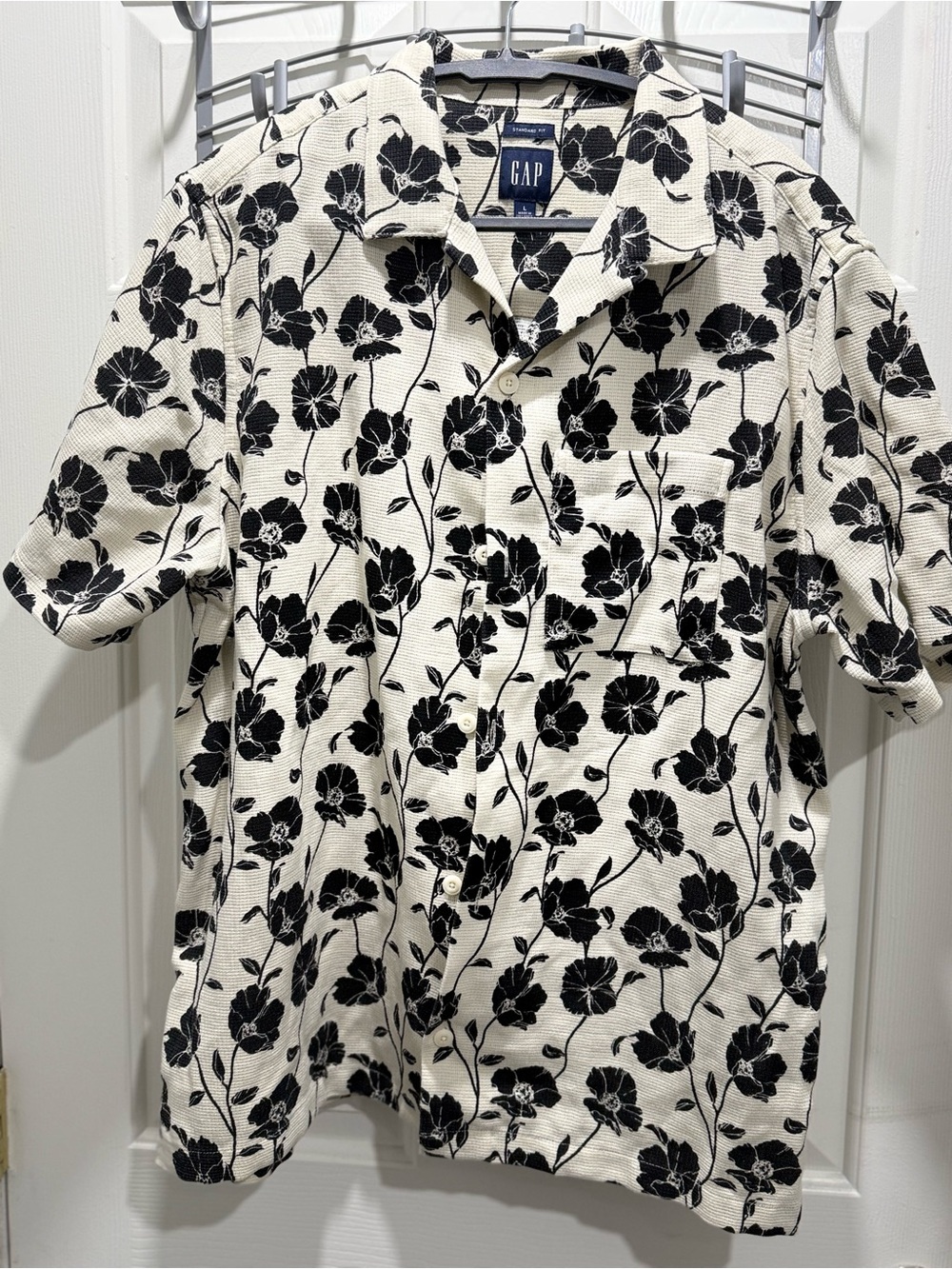 GAP Men’s Black Floral Print Button-Down Shirt on White